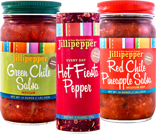 Jillipepper Trio of green chile and red chile salsas with a Hot Fiesta Pepper