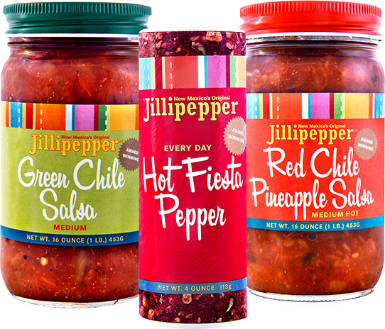 Jillipepper Salsa & Hot Fiesta Pepper Trio Jillipepper Trio of green chile and red chile salsas with a Hot Fiesta Pepper